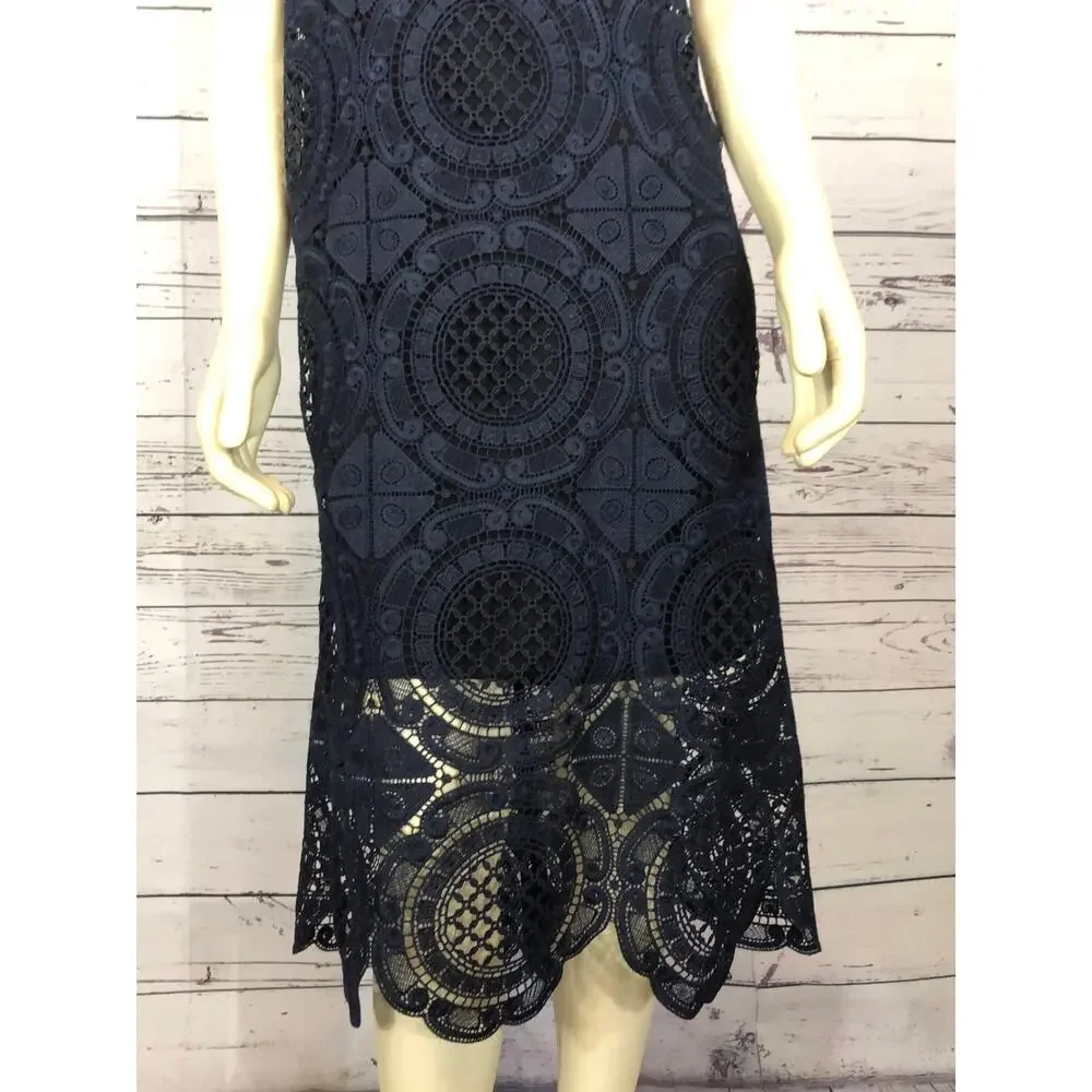 Tracy Reese Navy Surplice sleevless scalloped Lace Embroidered Dress size 4